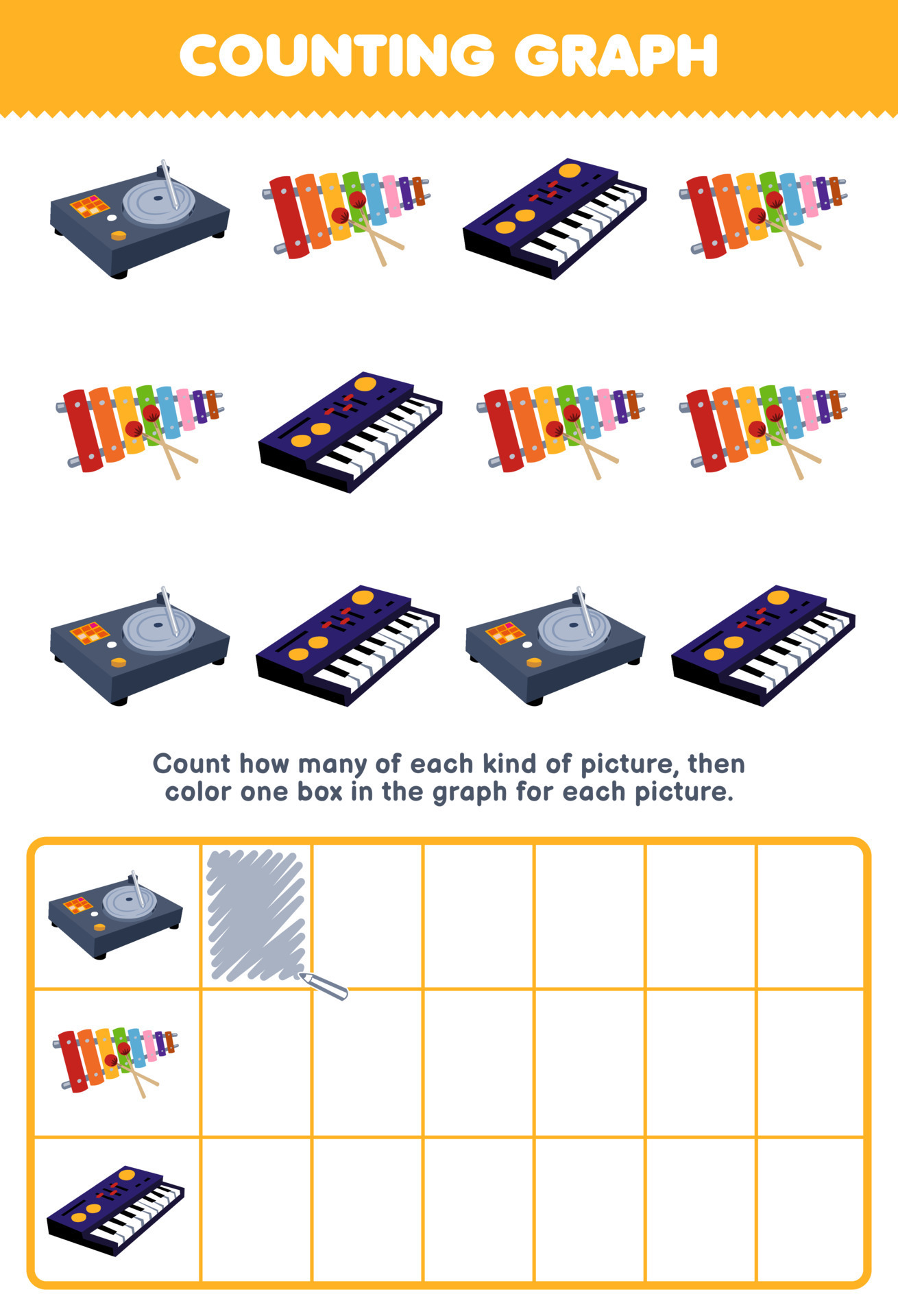 jogo de educação para crianças contar quantos teclado de xilofone giratório  bonito dos desenhos animados, em seguida, colorir a caixa na planilha de  instrumento de música imprimível gráfico 13695882 Vetor no Vecteezy
